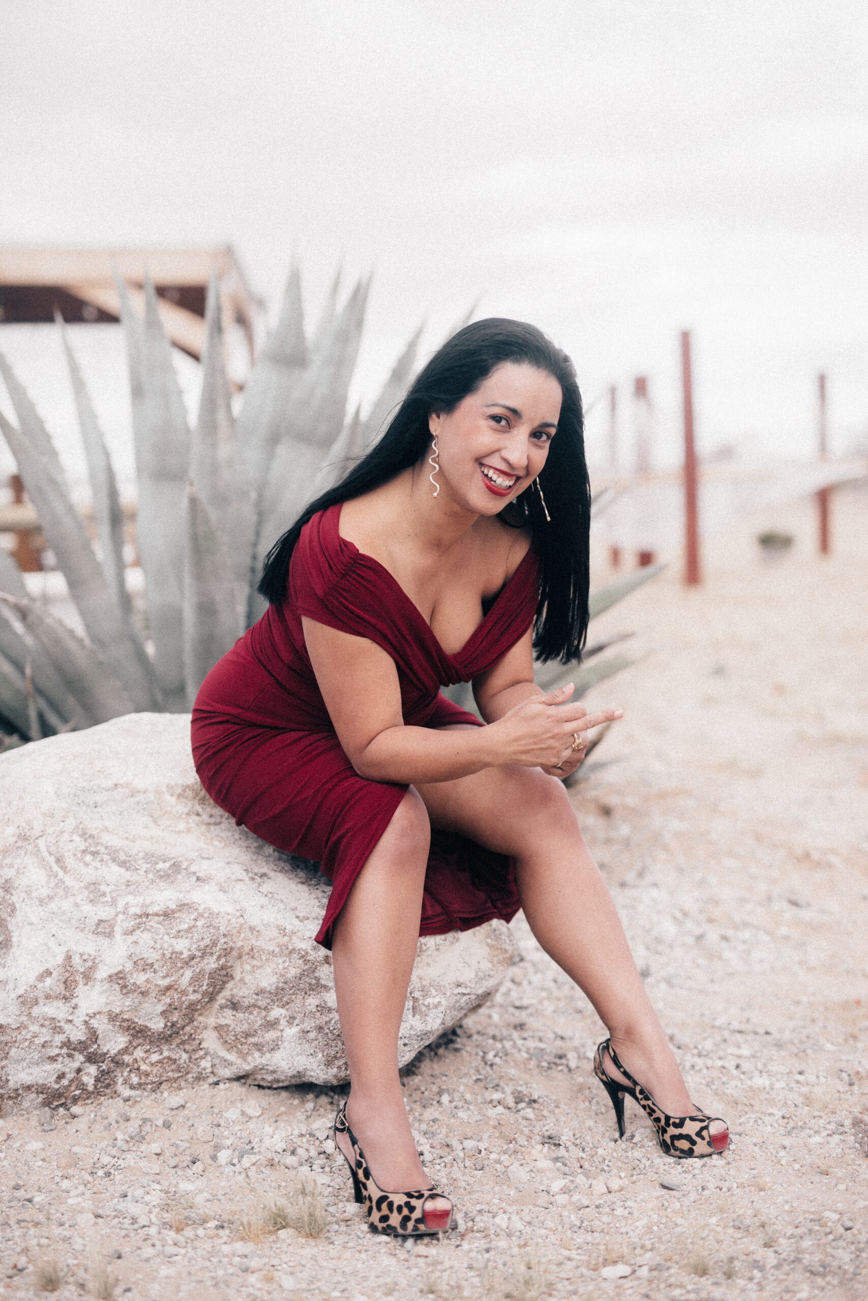 Woman on a deep red dress and red lipstick sitting on a rock in front of cactus tree calling high-achieving women to reclaim the parts of her the world taught them to go against. Awaken the panther, become the raw woman with Jessy Furniel. Book a session.