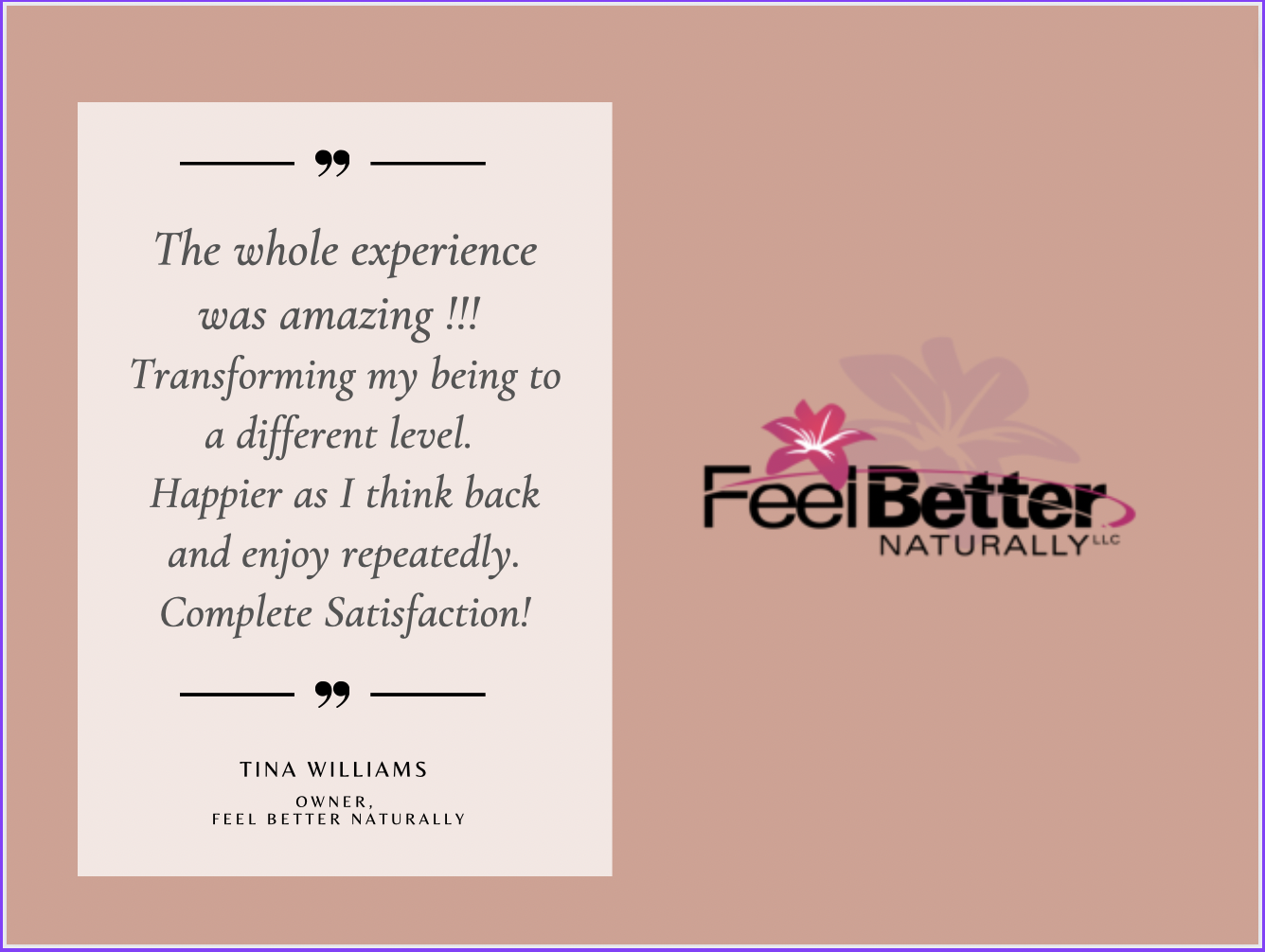 Tina Williams, Owner of Feel Better Naturally, Alaska's Top Hydrotherapy Colonics shares her testimonials of her Crystalline Quantum Experience by Jessy Furniel